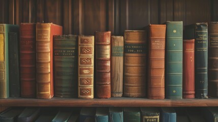 Naklejka premium A row of vintage books neatly arranged on a wooden bookshelf, each with worn-out spines and rich textures, evoking a sense of history and knowledge.