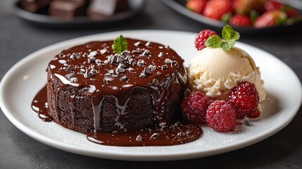  White plate, chocolate cake, ice cream, raspberries