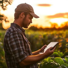 Tecnologia na campo. Produtor rural usando tablet na lavoura