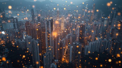 Fototapeta premium Vibrant Nighttime Cityscape Illuminated by Shimmering Skyscrapers and Luminous Metropolis Skyline