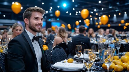 Elegant Charity Gala Event with Formal Attire Guests and Dinner Tables, Copy Space for Text