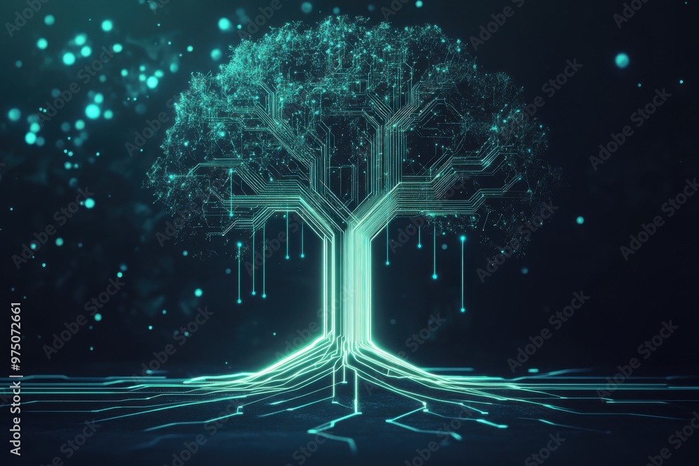 Poster artificial intelligence tree with circuit board connections, symbolizing technology and innovation i