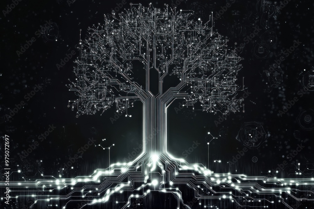 Poster artificial intelligence tree with glowing circuits symbolizing technology and nature synergy in a di