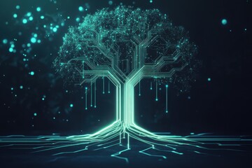 Artificial intelligence tree with circuit board connections, symbolizing technology and innovation in a digital forest landscape