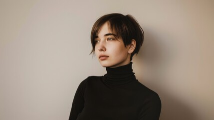 A young woman with short hair gazes thoughtfully into the distance from a minimalist setting, her expression serene and contemplative.