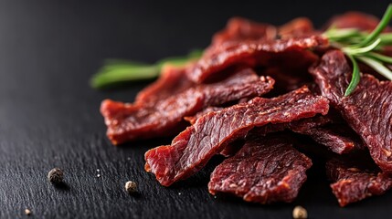 Aromatic spicy beef jerky arranged with peppercorns and a sprig of rosemary on a dark surface, showcasing its savory and delectable appearance.