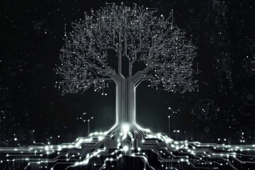 Artificial intelligence tree with glowing circuits symbolizing technology and nature synergy in a digital forest environment under starlit sky