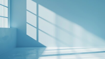 Obraz premium Soft rays of sunlight casting geometric shadows on the plain white walls of an empty room, creating a serene and calming ambiance.