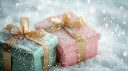 Beautifully wrapped festive presents on a snowy backdrop during the holiday season