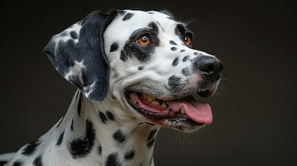   A close-up of a Dalmatian dog's face with its tongue out