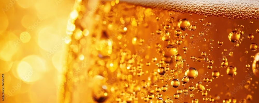 Poster macro shot of a beer glass with fine bubbles creating a sparkling and refreshing golden appearance
