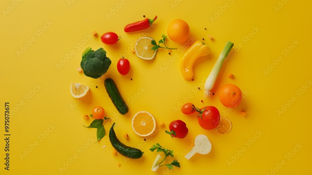 Wall mural A vibrant assortment of fresh vegetables and fruits arranged in a circular pattern on a bright yellow background, creating a lively and colorful scene.