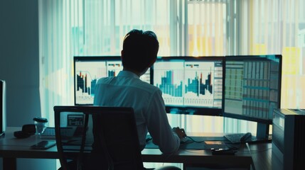 A focused individual works with multiple screens displaying data and charts in a modern office setting with serene lighting.