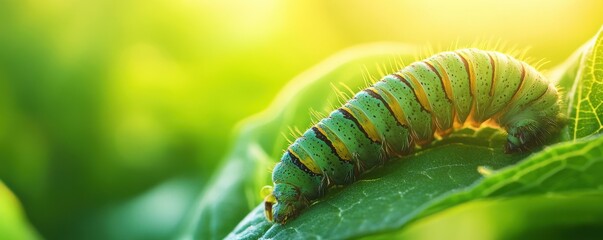 Naklejka premium Macro shot of a caterpillar inching towards a leaf edge in a green environment, showcasing nature's detail and progression.