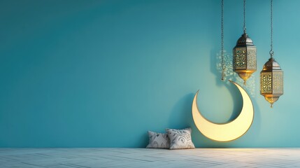 Ramadan Crescent on Modern Blue Wall. AI generated illustration