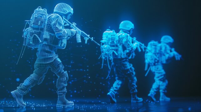 Three holographic soldiers march in formation, depicted in glimmering blue light with a futuristic, digital aura.