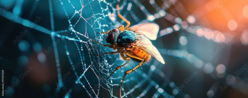 Poster macro shot of a fly trapped in a spider's web showcasing intricate patterns and nature's delicate ba