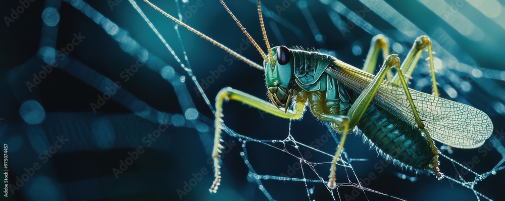 Poster macro shot of a grasshopper caught in a spider web, highlighting intricate details and textures of n