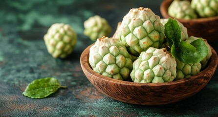 Fototapeta premium Fresh cherimoyas in wooden bowls on a textured green surface with leaves nearby