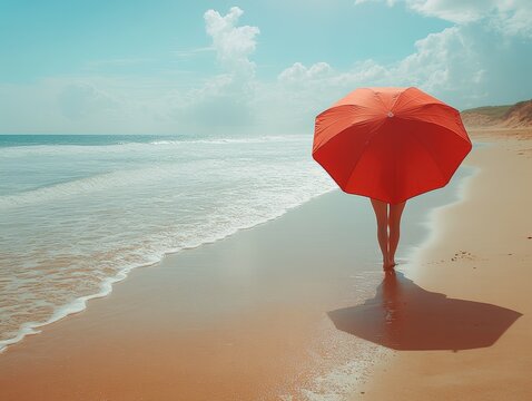 A person holding a red umbrella is walking on a sandy beach along a tranquil ocean shore. The serene view, with clear blue skies and gentle waves, is calming and picturesque.
