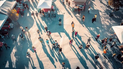 An overhead view of a bustling outdoor market with numerous tents and people casting long shadows in the late afternoon sun.
