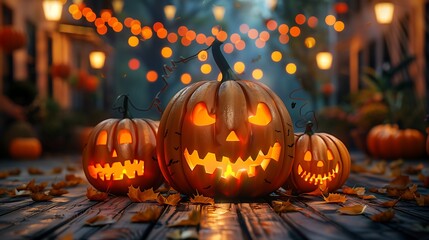 Spooky Halloween pumpkins with glowing faces on wooden porch with festive string lights. Concept of holiday, celebration, and tradition