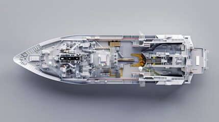Top-down view of a ship's detailed interior layout, showcasing various compartments, machinery, and living areas with meticulous design.