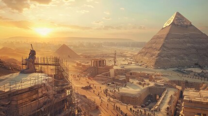 At sunset, workers toil away, constructing monumental pyramids in the heart of ancient Egypt, bathed in a warm, orange glow.