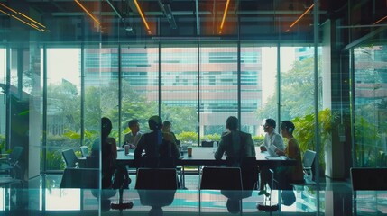A group of business professionals engaged in a meeting inside a modern office with large glass windows showcasing an urban landscape.