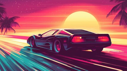 Naklejka premium 1980s Sci-Fi Background with Supercar. AI generated illustration