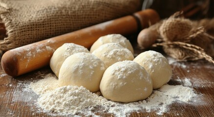 Preparing fresh dough balls on a wooden surface with flour and a rolling pin in a cozy kitchen