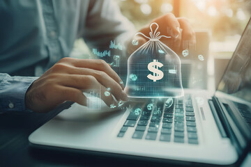Businessman's hand using a laptop and digital screen with icons of a money bag, graph icon for business growth, and financial data