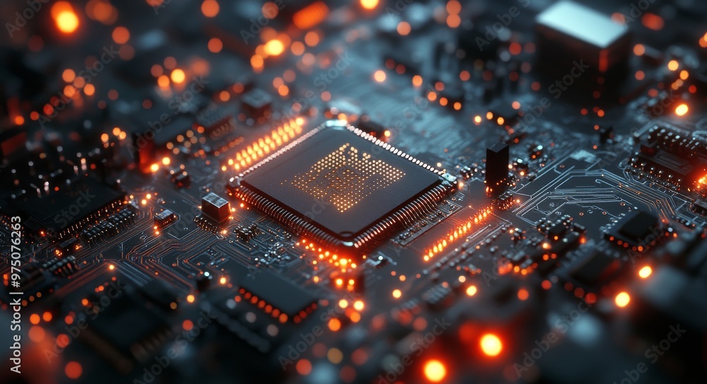 Aufkleber a close-up view of a glowing microchip on a complex circuit board at night