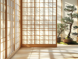 Japanese shoji screen room divider, delicate wooden frame with rice paper inserts, soft ambient lighting, positioned in a serene