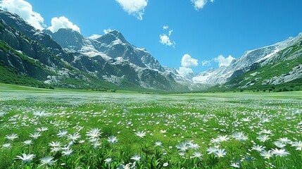   A field of flowers in front of majestic mountains capped with fresh snow, a picturesque sight from afar