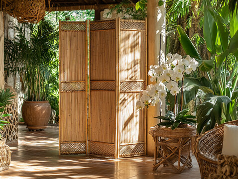 Asian bamboo room divider, handcrafted with natural bamboo slats, standing in a sunlit tropical villa, large potted orchids and woven rattan furniture surrounding it
