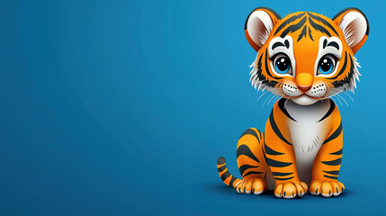 Cute tiger cub sitting on blue background