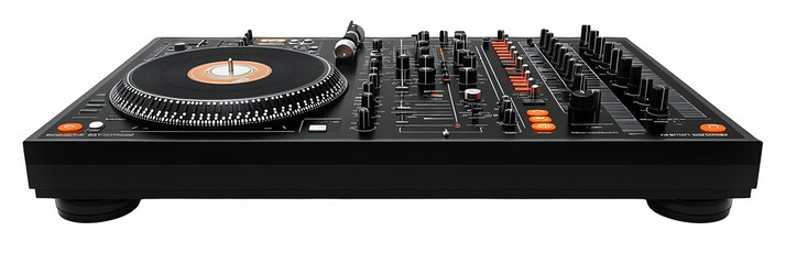 DJ turntable and mixer showcasing modern equipment for music production transparent background