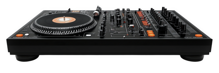 DJ turntable and mixer showcasing modern equipment for music production transparent background