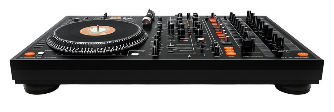DJ turntable and mixer showcasing modern equipment for music production transparent background