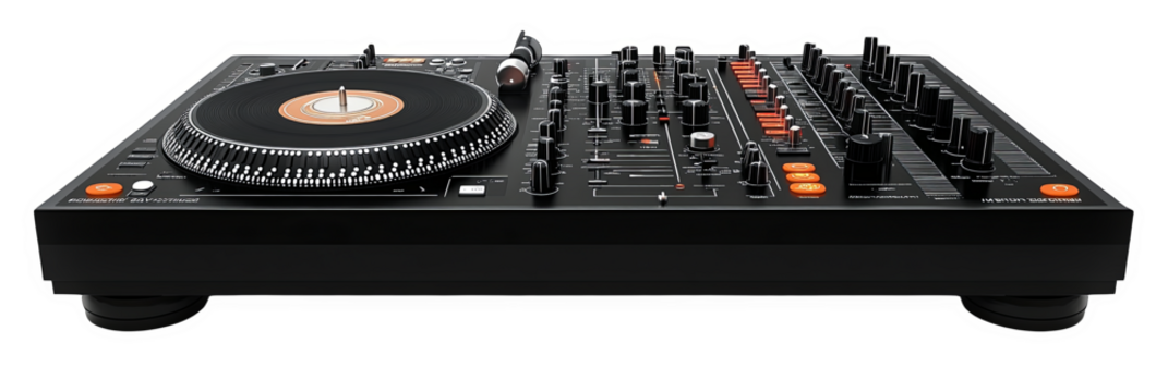DJ turntable and mixer showcasing modern equipment for music production transparent background