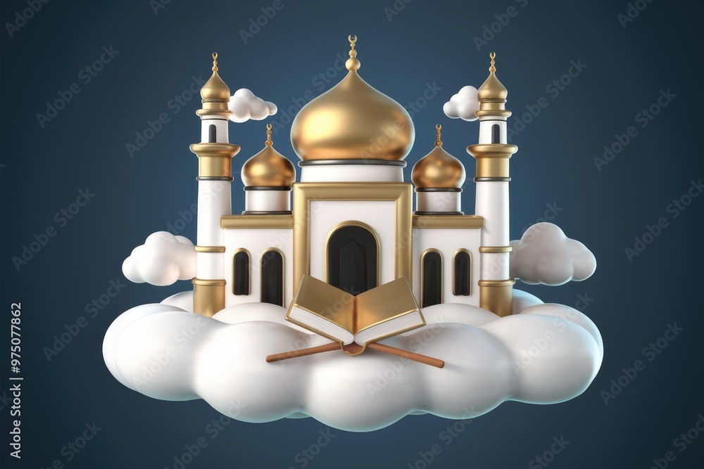 Poster a 3d rendering of a golden mosque on a cloud with an open book.