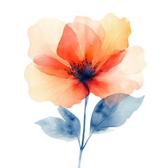 Beautiful watercolor flower with petals in shades of orange and blue leaves transparent background
