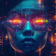 Futuristic Cyborg Face with Neon Lights and Digital Circuitry