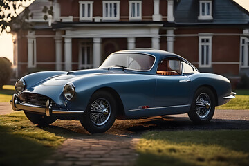 A blue-colored, elegant and sleek vintage sports car coupe, against the backdrop of an red-brown historic building, in the early morning sun. A dream in the colors blue and yellow. Sideview