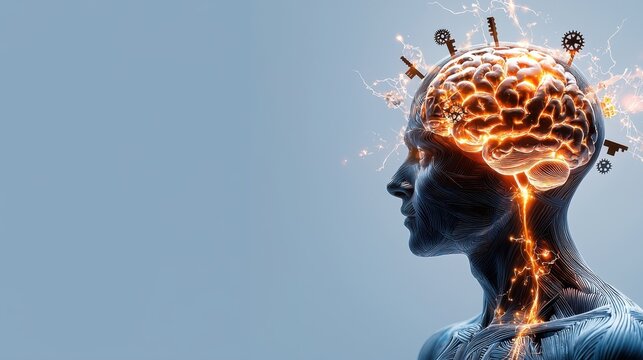 Illuminated Mind - Human Silhouette with Glowing Brain Unlocking Itself Surrounded by Watercolor Splashes and Copy Space for Text