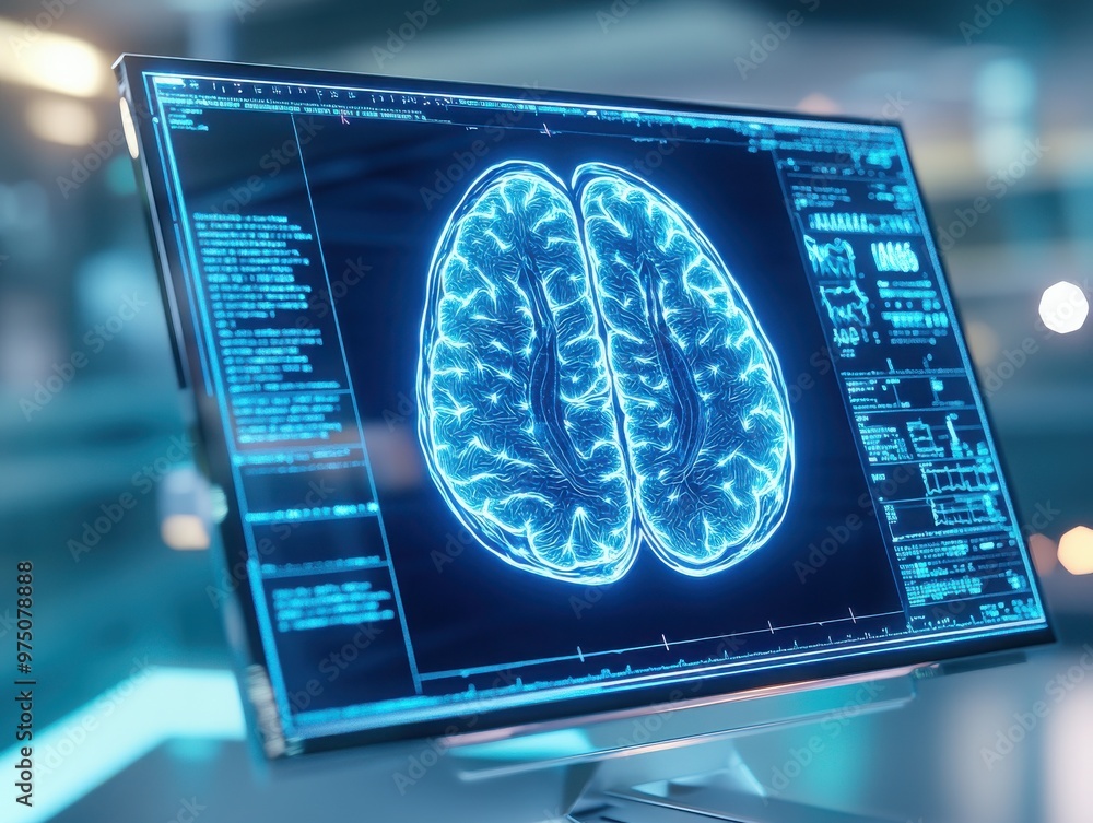 Poster innovative display of a digital brain scan on a modern computer screen, showcasing advanced technolo