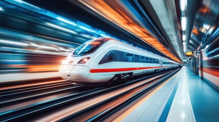 A high-speed train races through a tunnel, leaving a blur of motion and light behind.