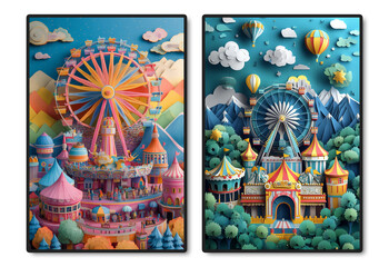 Obraz premium Whimsical Dual Fairytale Worlds with Ferris Wheels and Hot Air Balloons