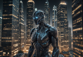 Naklejka premium artificial intelligence against skyscrapers at futuristic city cinematic light